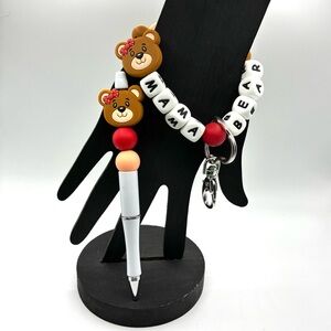 Mama Bear Beaded Keychain Bracelet and Pen Set